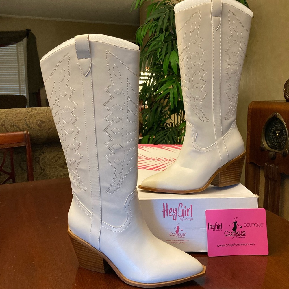 Corkys White Western Knee-High Heeled Boots